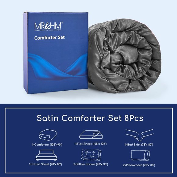 New Satin Comforter King 8 Pieces - Luxurious Pinch Pleat Bedding Set wi… - Picture 7 of 9